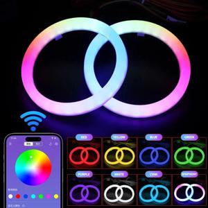 2PCS RGB 코 튼 LED 천사 눈 헤일로 반지 60mm 70mm 80mm LED 헤드 라이트 램프 자동차 UTV 오토바이 DRL 눈 APP 제어