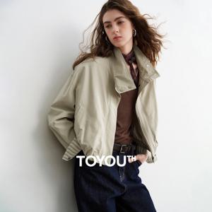 TOYOUTH 여성 슬럽 코튼 재킷 2026 봄 신상 크롭 튤립 실루엣 스트라이프 커프스 - 턴업 스탠드 칼라 탑