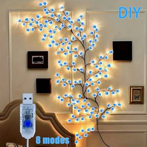 체리 LED 트리 브랜치 조명 8가지 모드 USB 전원 체리꽃 가지 장식 야간 조명 실내 가정 벽 및 문 장식용