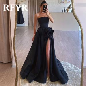 RFYR 심플 블랙 A 라인 포멀 드레스, 스테인 플리츠 스플릿 파티 원피스, 결혼식용 스트랩리스 특별 행사, 맞춤형 원피스