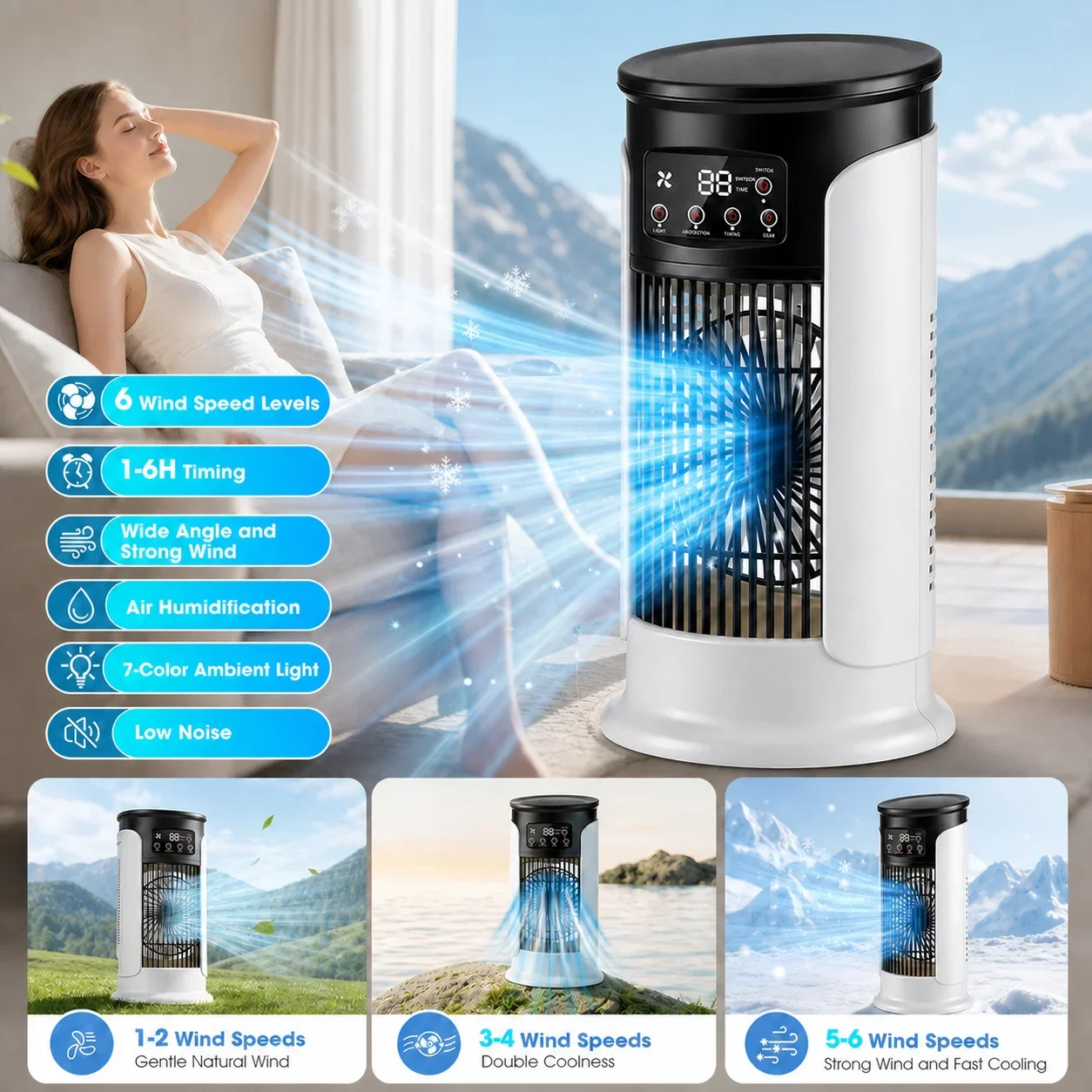 휴대용 냉풍기 USB 6단 바람 미스트 가습 LED 무드등 타이머 디지털 표시 책상용 사무실 침실 여름용