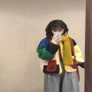 레트로 디자인 루즈핏 양털 자켓 여성용 멀티컬러 블록 컬러 그라데이션 겨울 아우터 따뜻한 플러피 코트 캐주얼