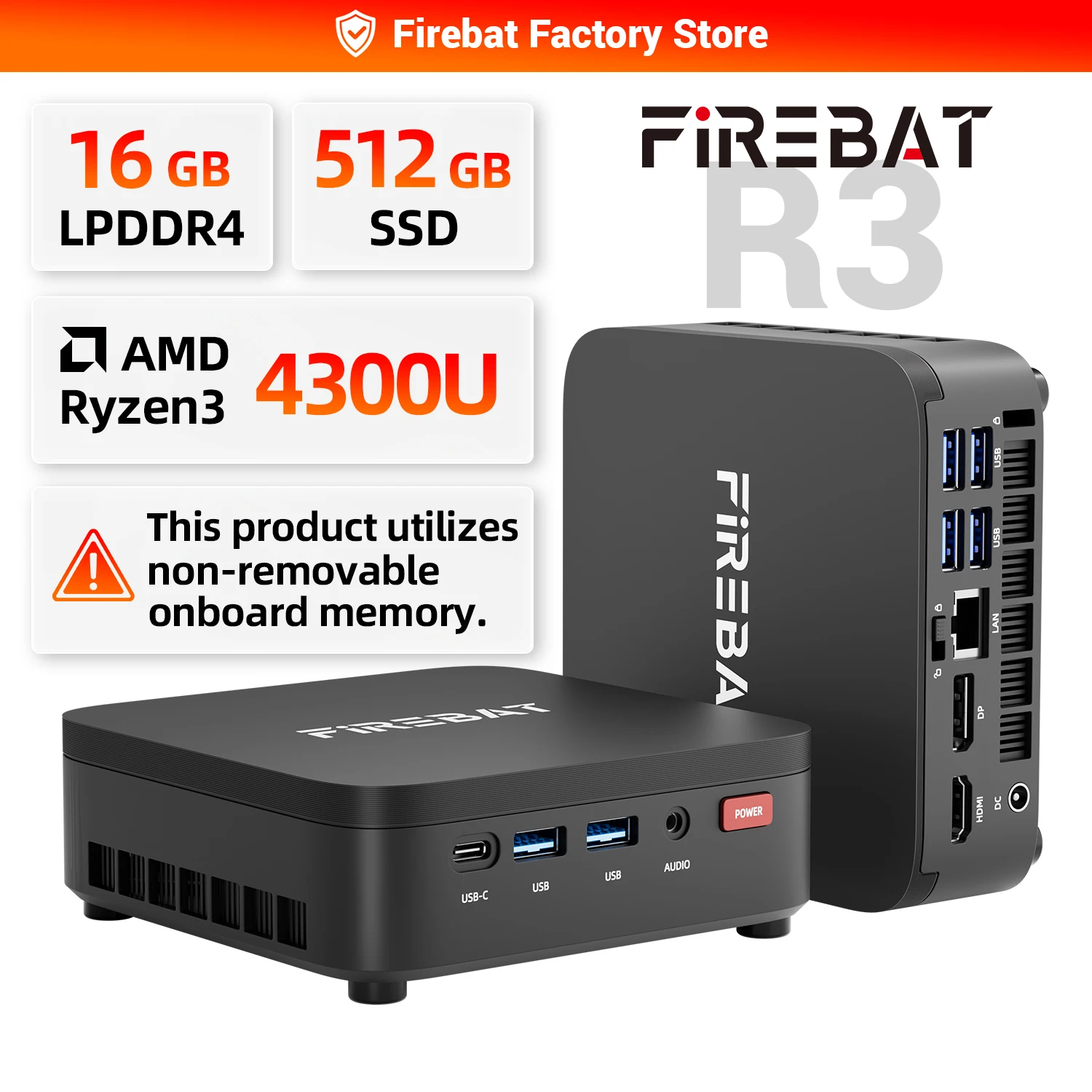 FIREBAT R3 미니 PC AMD Ryzen3 4300U 16GB LPDDR4 512GB SSD WIFI6 BT5.2 3*4K 디스플레이 컴팩트 윈도우 11 게이밍 컴퓨터