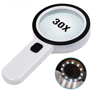 30배율 조명형 대형 확대경, 노인용 휴대용 12 LED 조명 돋보기, 보석 시계 읽기용 루페