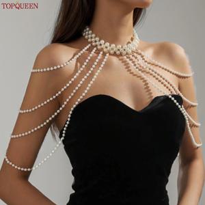 TOPQUEEN 빈티지 인조 진주 태슬 숄더 체인 비키니 탑, 비치 시스 및 파티 원피스 액세서리, 길이 조절 가능, SG62
