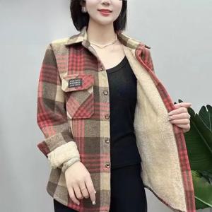 두꺼운 양털 여성용 체크 무늬 셔츠 캐주얼 루즈한 겉옷 가을 겨울 따뜻함 일반 소매 긴 폴로 칼라 중국 브랜드