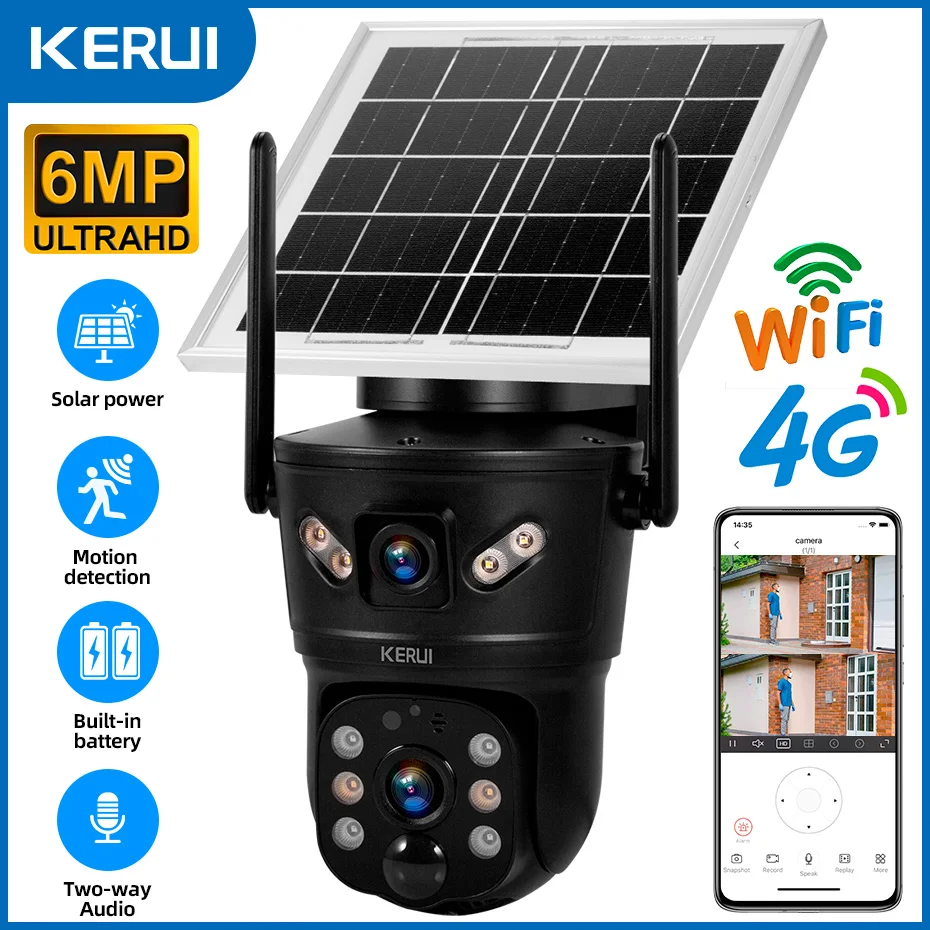 KERUI 야외 방수 6MP 4G SIM WIFI 태양 광 카메라 듀얼 렌즈 카메라 태양 전지 패널 홈 보안 CCTV 비디오 감시 V380pro
