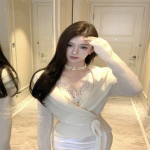 봄 여성용 긴팔 V넥 니트 스웨터 코트 부드럽고 루즈한 크로스 밴드 디자인 다용도 편안하고 따뜻한 보온성 좋은 상의