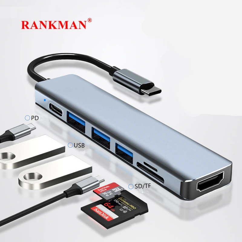 USB C 허브 - 4K HDMI 호환 SD TF 카드 리더, USB 3.0 2.0 타입 C 충전 도킹(맥북, 아이패드, 삼성 S22, 덱스 TV, 마우스용)