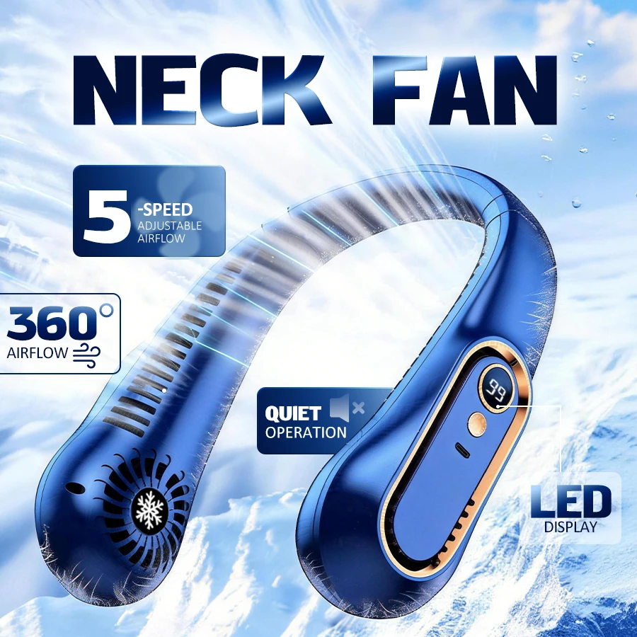 5단 속도 조절 목선풍기, LED 디스플레이, 360도 회전 °   공기 순환, 여행, 사무실, 가정용 조용한 휴대용 USB 웨어러블 팬