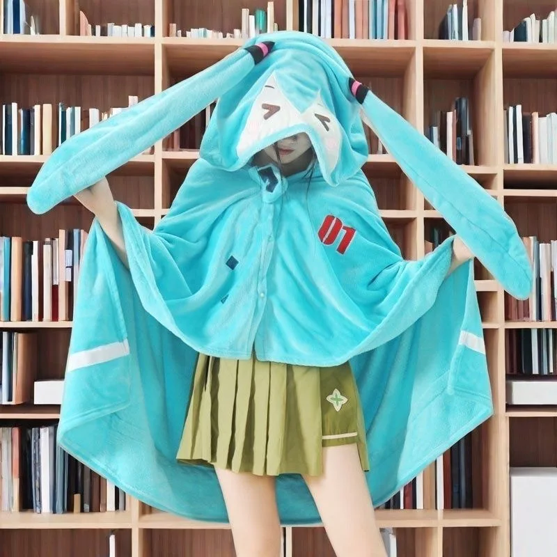 하츠네 이타백 다기능 후드 에어컨 담요 부드럽고 따뜻한 낮잠 숄 미쿠 플란넬 망토 선물 귀여운