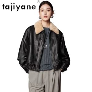 TAJIYANE 양가죽 패딩 재킷 스타일리시한 울 칼라 구스 다운 코트 여성용 짧은 리얼 가죽 재킷 2025 겨울 의류