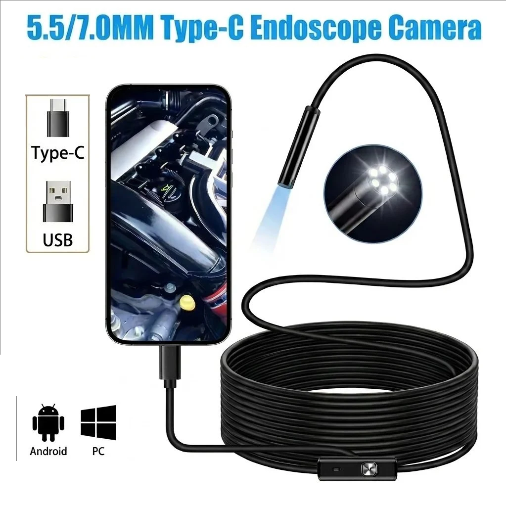 5.5/7.0MM TYPE-C 내시경 카메라 6개 LED 조절 가능 USB OTG 안드로이드 휴대폰 PC용 유연한 검사 내시경 카메라