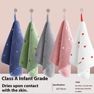 1PC 30x30cm 산호 플리스 세안 타월 만화 자수 귀여운 별 모양 부드럽고 흡수력 좋은 빠른 건조 걸이 고리 손수건