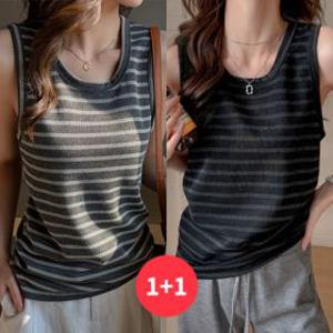 NT3218 여성 1 + 1 캐주얼 단가라 민소매 나시 티셔츠