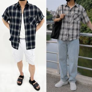 남자 남성 여름 반팔 체크 셔츠 남방 남녀공용 빅사이즈 오버핏 캐주얼 휴가룩 프리 체크 반팔 셔츠 라클제