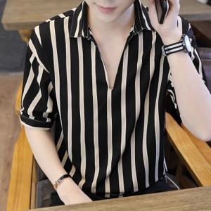 여름 남성 티셔츠 브이넥 세로 줄무늬 루즈핏 편한 데일리 캐주얼 반팔티 빅사이즈 C88