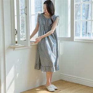 순면 여성 네이비 홀릭 체크 민소매원피스 여름 홈웨어 잠옷 파자마