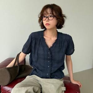 틸아이다이 Check frill V-neck blouse [TISU07BL07]_Navy