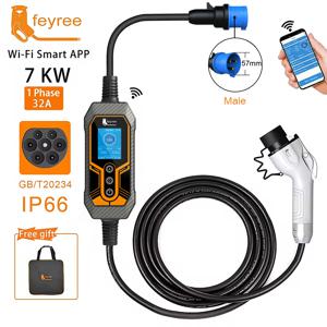 페이리 GB/T 휴대용 전기차 충전기 32A 7KW 1상 APP 블루투스 버전 EVSE 11KW 16A 3상 케이블 5m CEE 플러그 (전기차용)