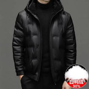 남성용 짧은 PU 가죽 덕다운 재킷 겨울 두꺼운 후드 캐주얼 따뜻한 다운 코트 패딩 재킷 남성용 재킷 JK-213