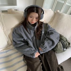 Smoothmod 여성용 플리스 집업 후드 재킷 드로스트링 스탠드 칼라 아우터 캐주얼 편안한 긴 소매 솔리드 컬러