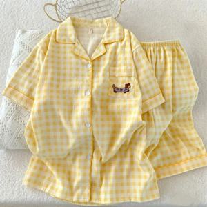 Y2K 자수 격자 무늬 닥스훈트 2PC 세트 여성 잠옷 달콤하고 귀여운 반팔 반바지 잠옷 라펠 넥 새로운 여름 홈웨어