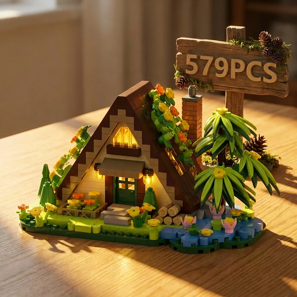479PCS 숲속 오두막 미니 빌딩 블록 세트 도시 거리 풍경 온실 풍차 나무집 DIY 모델 생일 선물