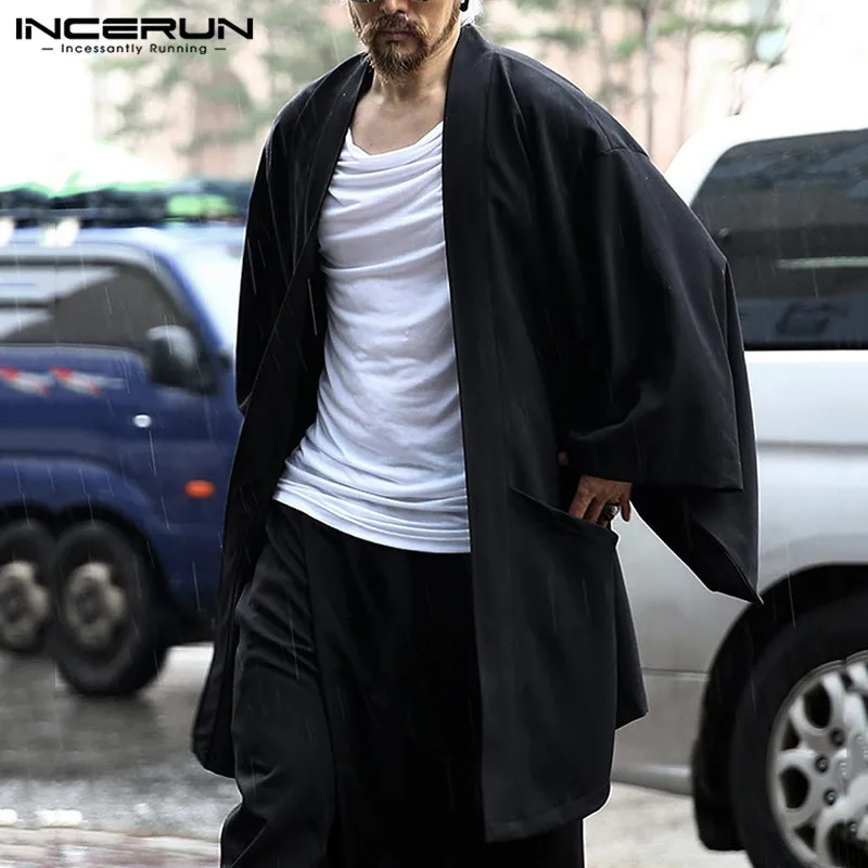 INCERUN 패션 남성 트렌치 솔리드 코트 오픈 스티치 긴 소매 2024 캐주얼 일본 기모노 streetwear 코튼 아우터 카디건