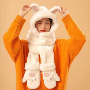 패션 여성 겨울 따뜻한 인조 렉스 토끼털 일체형 후드 스카프 모자 장갑 오피스룩 여성 스카프 캡 소녀 파티 선물 H67