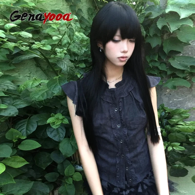Genayooa Y2k 빈티지 셔츠 여성 프릴 민소매 블라우스 및 셔츠 2000 년대 일본 그런지 탑 American Retro Tank Tops E-girls