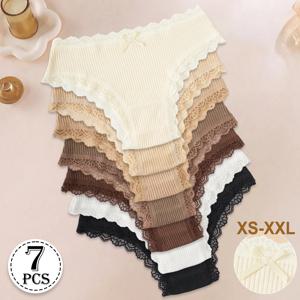 7PCS 신상 여성용 면 속옷 단색 편안한 통기성 팬티 로우라이즈 레이스 트림 섹시한 브리프 일상 스포츠용