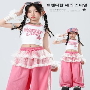 여아 재즈 댄스 공연 의상 세련된 스트리트웨어 크롭탑 베스트 아동 모델 여름 쇼 핑크 무대 의상
