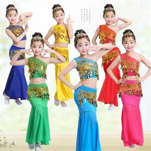 어린이 이집트 공연 Pratice 옷 동양 인도 국립 소녀 스팽글 어깨 오프 테일 밸리 스커트 Bellydance 의상