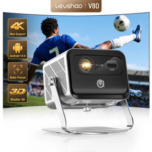 VEVSHAO V80 4K 프로젝터 풀 HD1080P 2200 Anis Lumens 안드로이드 11.0 WiFi 6 비디오 홈 영화 극장 프로젝터(베이스 스탠드 포함)