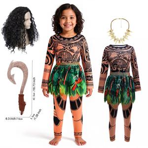 모아나 영화 만화 캐릭터 마우이 어린이 소년 의상 마우이 타투 상의+바지 2피스 세트 생일 어린이용 물고기 낚시 바늘 칼 포함