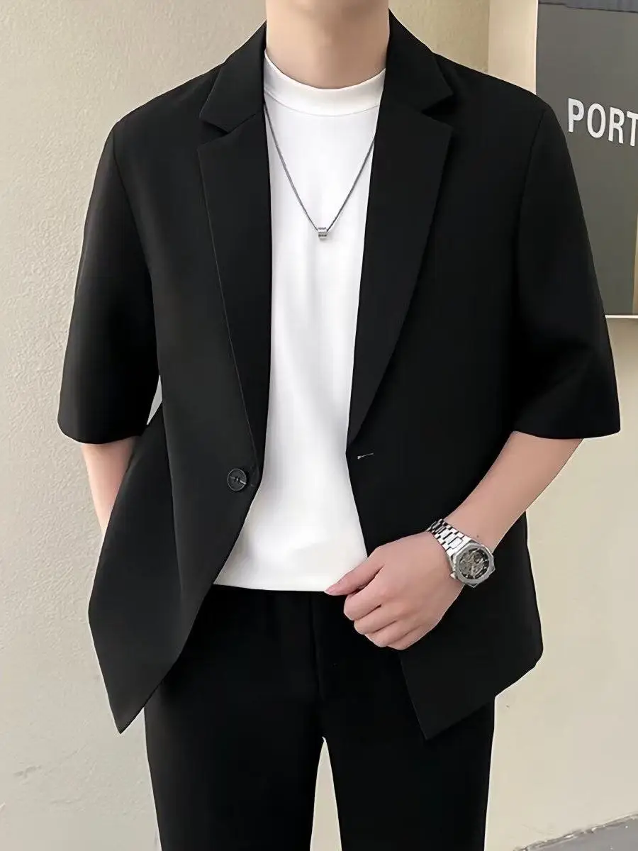 여름 남성 캐주얼 정장 재킷 루즈핏 싱글 버튼 반팔 패셔너블하고 스타일리쉬한 가벼운 상의 의류