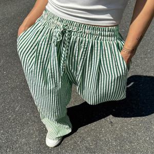 플러스 사이즈 여성 패션 1XL-5XL 편안한 스트라이프 드로우 스트링 캐주얼 바지 루즈 스트레치 중반 허리 트랙 슈트 바지
