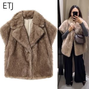 ETJ 여성용 봄 신상 한정판 루즈핏 인조 모피 조끼 스트리트 패션 따뜻한 라펠 퍼 베스트