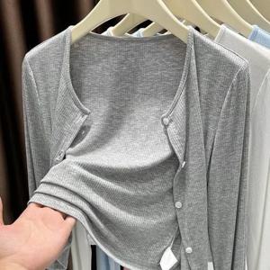 회색 니트 가디건 얇은 외투 사무실 에어컨 셔츠 여름 여성용 외투 2025 신상 출퇴근 스타일 슬림핏