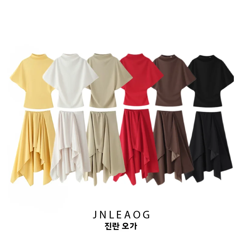 JNLEAOG 봄 신상 비대칭 드레이프 홀터넥 탑과 스커트 세트 여성용 폴리에스터 섬유 하이웨이스트 가을 여름