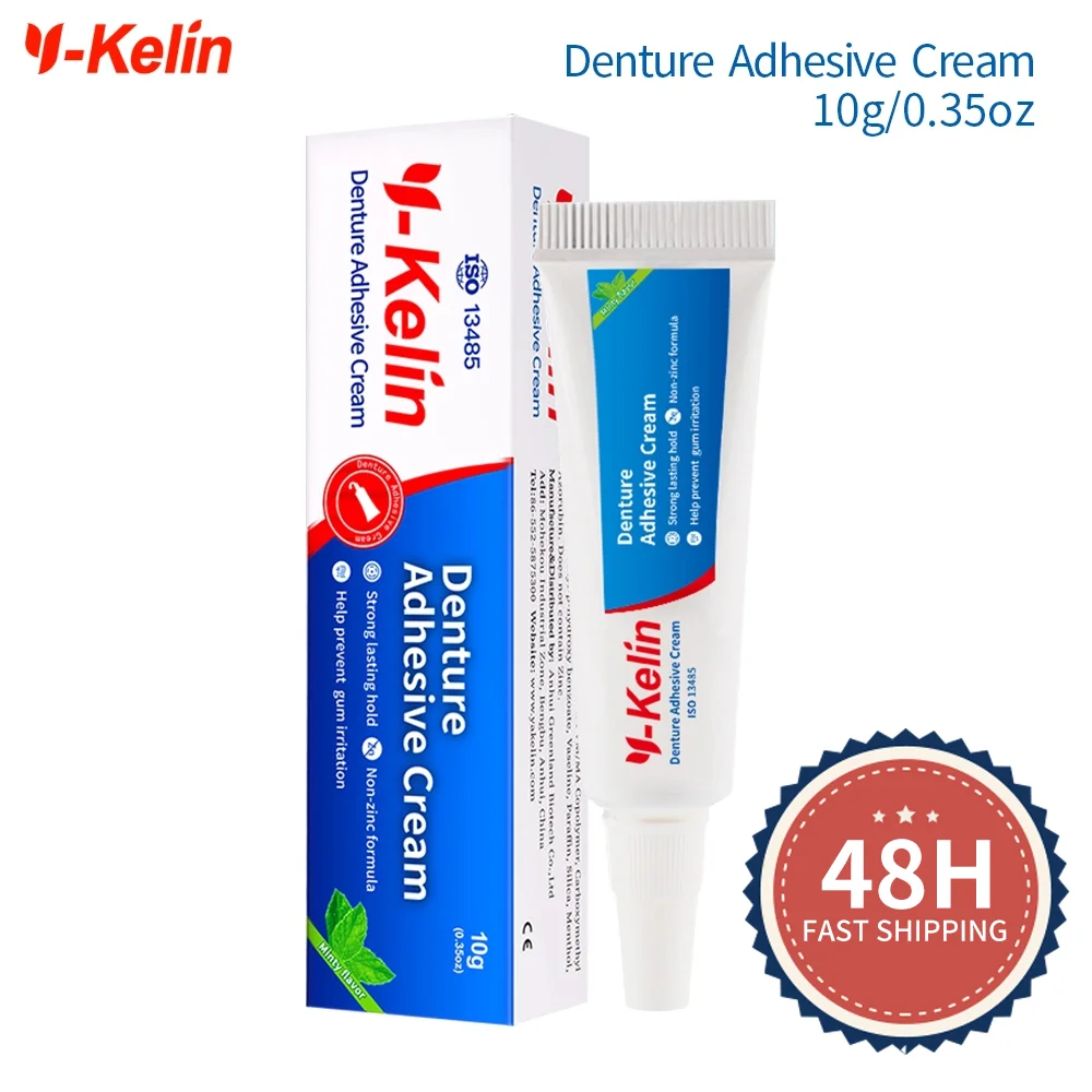Y-Kelin 틀니 접착제 크림 10g/0.4oz 샘플 크기 하루 종일 비아연 포뮬러 틀니 접착제 유지