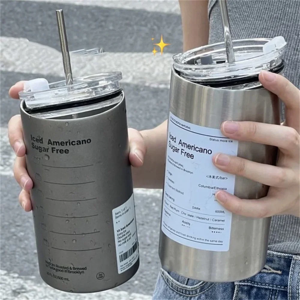 600ML 스테인리스 스틸 304 보온컵 (빨대 포함) 이중벽 재사용 텀블러 (아이스 아메리카노 커피, 냉수, 휴대용)