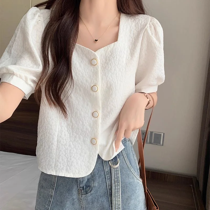 다목적 스퀘어 칼라 버블 슬리브 짧은 셔츠 여성용 티셔츠 짧은 길이 여름 새 스타일 루즈핏 코튼 블렌드 블라우스