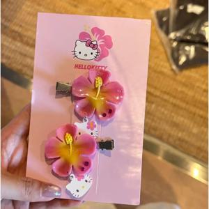 카와이 산리오 헬로 키티 꽃 머리핀 세트 핑크 히비스커스 헤어핀 여성 소녀들을 위한 달콤한 여름 헤어 액세서리