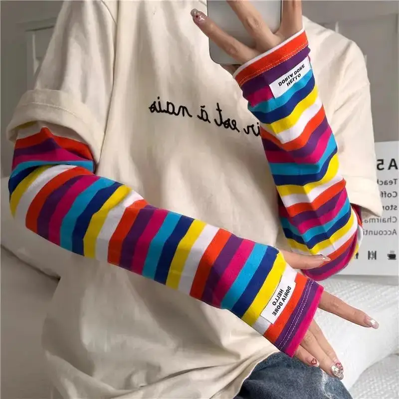 여성용 레인보우 스트라이프 쿨링 팔토시, 아이스 실크 자외선 차단, 화려한 캐주얼 패션, 여름 야외 활동용 루즈핏 팔 커버