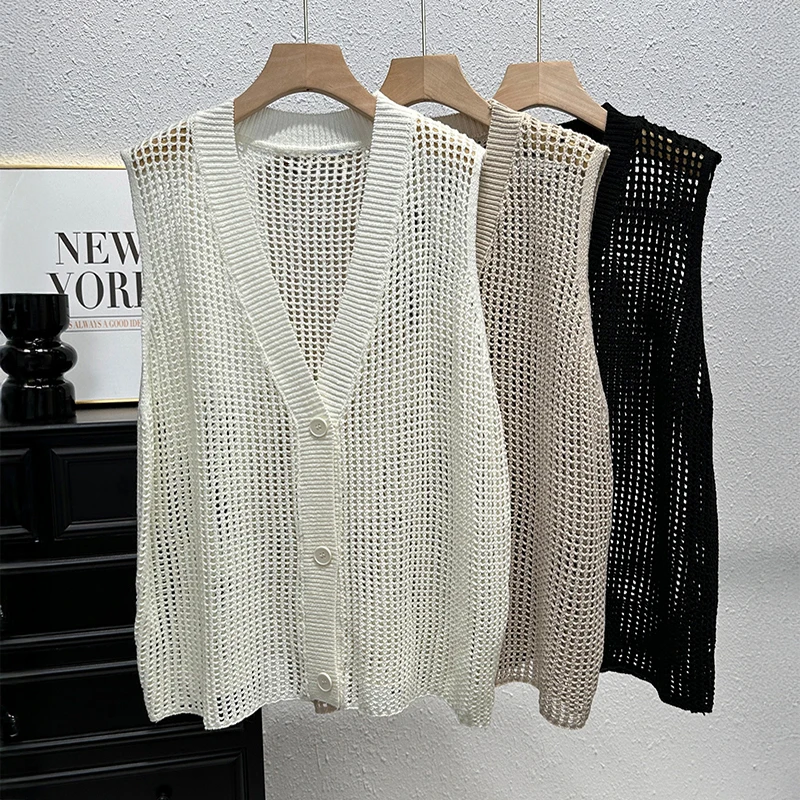 버튼 다운 크로 셰 뜨개질 조끼 여성용 v 넥 민소매 Openwork 양복 조끼 탑 여름 Boho Chic Vintage Outfit