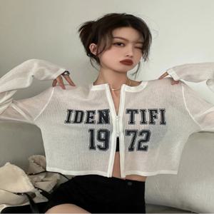 아메리칸 핫걸 스타일 얇은 자외선 차단 에어컨 셔츠 여름 레터 프린트 더블 지퍼 긴팔 숏 가디건 탑 여성용