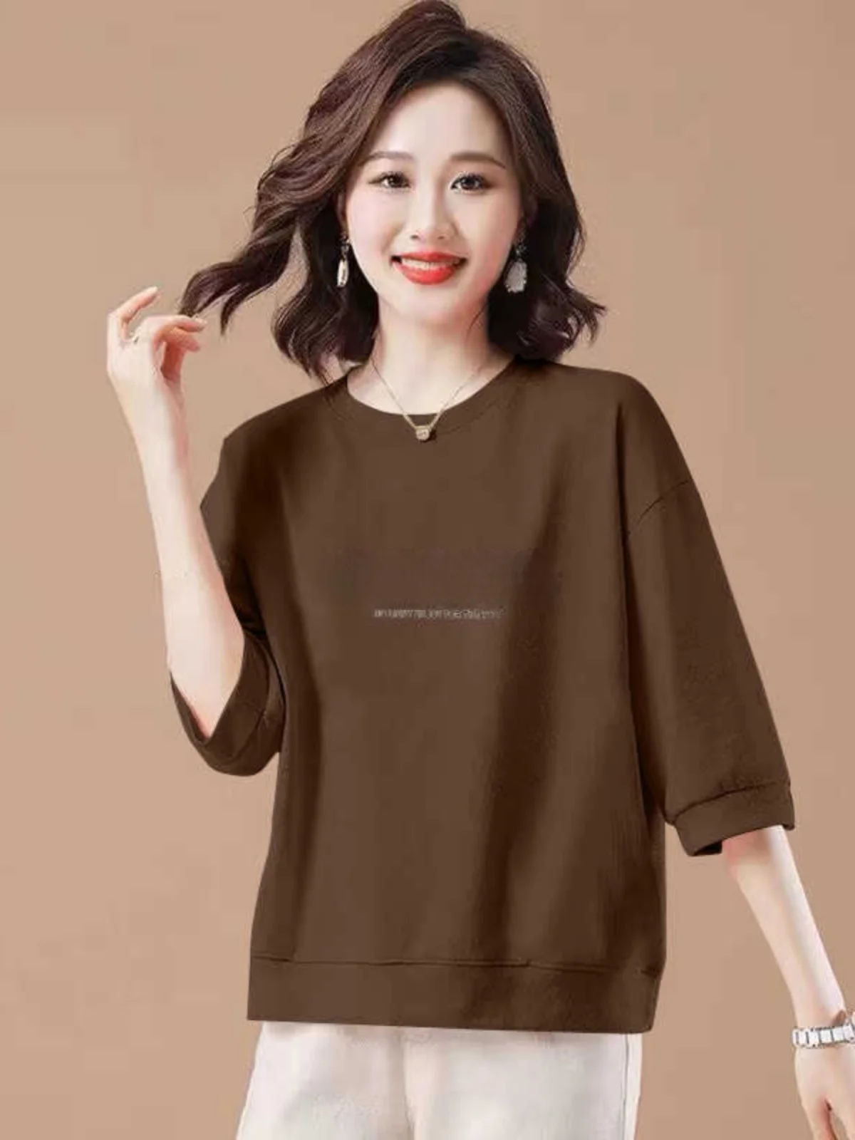 순면 봄 여름 티셔츠 루즈핏 여성 스타일 마카롱 컬러 신선하고 패셔너블한 소매 길이 7부 소매