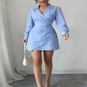 여성 드레스 스트라이프 랩 V 넥 루치드 셔츠 미니 드레스 세련된 새 봄 여름 프레피 드레스 사무실 작업 데이트 맞춤형 드레스